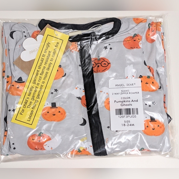 ANGEL DEAR, Bamboo, 2 Way Zipper Romper, Jack-O’-Lantern Print, Various Sizes - Picture 3 of 5